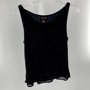 Womens Medium black silk beaded lined holiday sleeveless dressy blouse A1